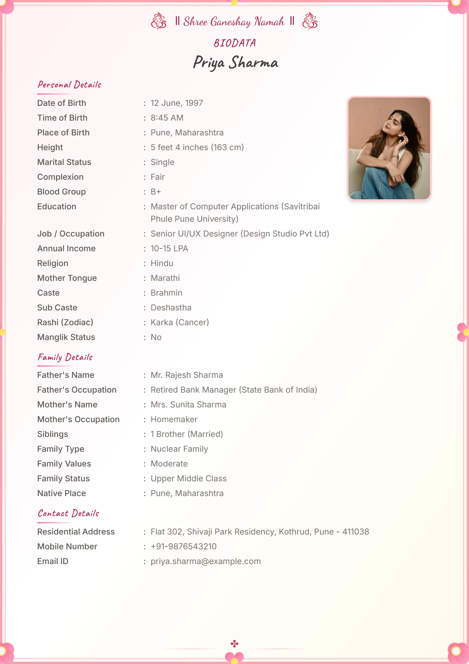 Stylish bride matrimonial biodata format sample